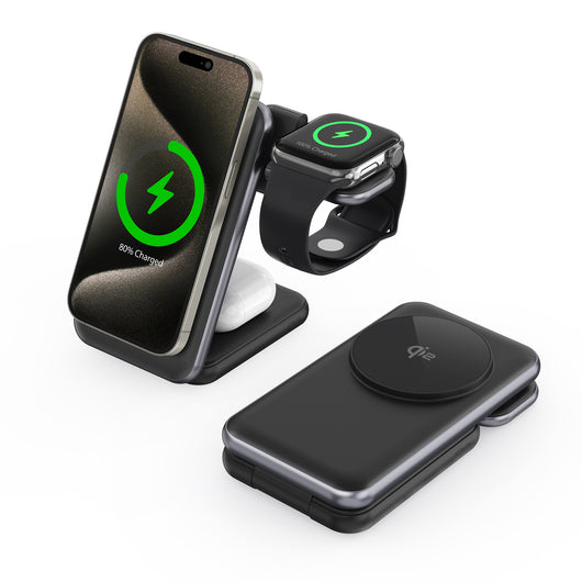 Ladestation / Trådløs oplader | <X>Magcold™ | 3-i-1 Ladestation til Mobil, iWatch, AirPods - 45W! - Sort - DELUXECOVERS.DK