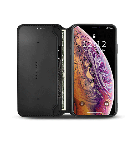 iPhone X / XS | iPhone X/Xs - Realike™ Folio Læder Cover M. Kortholder - Sort - DELUXECOVERS.DK