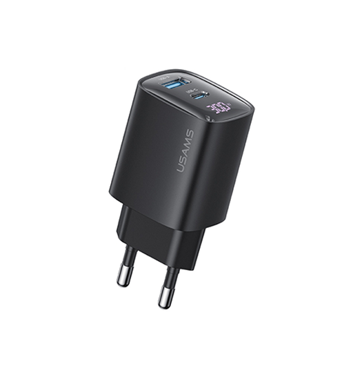 Vægoplader | USAMS® | 2-Port USB-A / USB-C Oplader QC 3.0 - 30W - Sort - DELUXECOVERS.DK