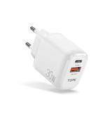 Vægoplader | TOPK® | 2-Port USB-A / USB-C Oplader QC 3.0 - 30W - Hvid - DELUXECOVERS.DK