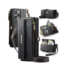 iPhone 16 Pro | iPhone 16 Pro - CaseMe™ Læder Cover med Crossbody Strop - Sort - DELUXECOVERS.DK
