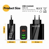 65W USB-C PD vægoplader + QC 3.0 (multiport) - Sort