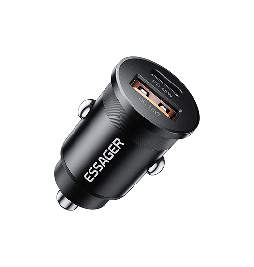 USB oplader | ESSAGER™ | 45W - Hurtig Biloplader - USB-A & USB-C - Sort - DELUXECOVERS.DK