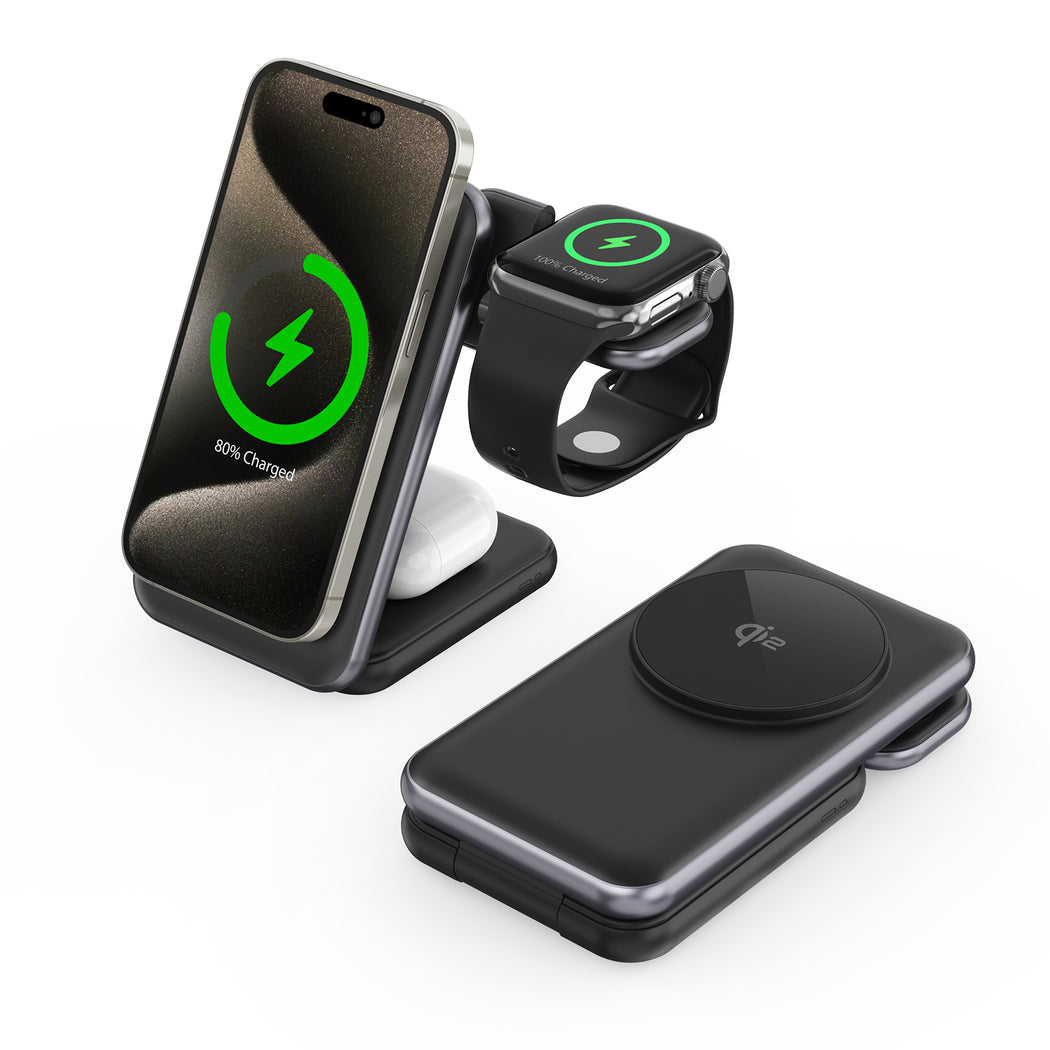3-i-1 & Multi-Ladestationer | <X>Magcold™ 3-i-1 Ladestation til Mobil, iWatch, AirPods - 45W! - MagSafe - Sort - DELUXECOVERS.DK