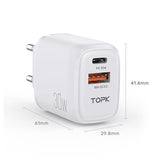 Vægoplader | TOPK® | 2-Port USB-A / USB-C Oplader QC 3.0 - 30W - Hvid - DELUXECOVERS.DK