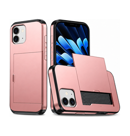 Pink håndværker cover med kortholder til iPhone, set bagfra og med kortholderen åben