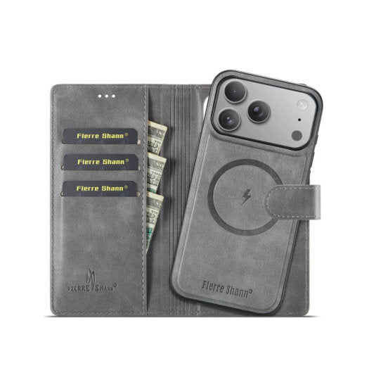 iPhone 18 Pro | iPhone 18 Pro - Fierre Shann™ Vegan læder etui (aftageligt cover) – Grå - DELUXECOVERS.DK