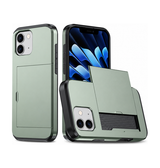 Grønt håndværker cover med kortholder til iPhone, set bagfra og med kortholderen åben