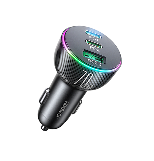USB oplader | JOYROOM™ | 3 Port USB Oplader Til Bil - 70W - Sort - DELUXECOVERS.DK