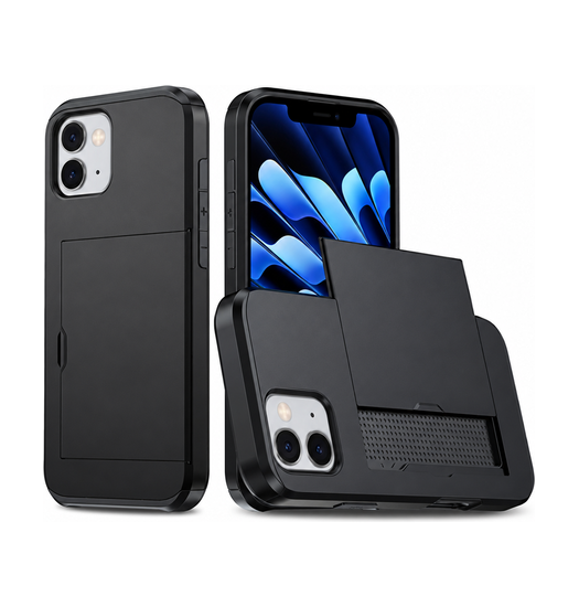 Sort håndværker cover med kortholder til iPhone, set bagfra og med kortholderen åben