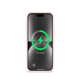 Soft Touch silikone cover i lyserødt til iPhone Pro, set forfra med MagSafe-opladning
