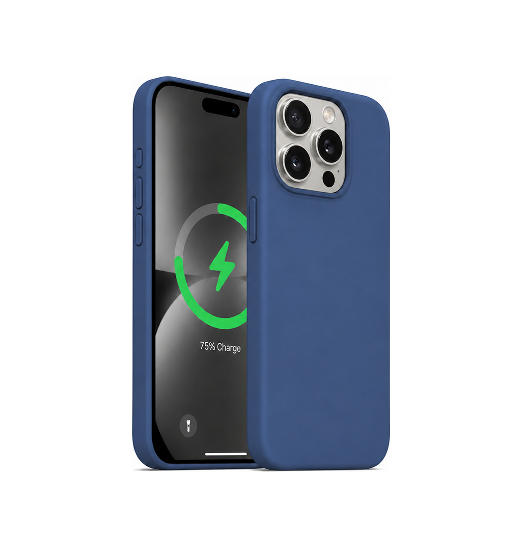 Soft Touch silikone cover i blåt til iPhone Pro, set forfra og bagfra