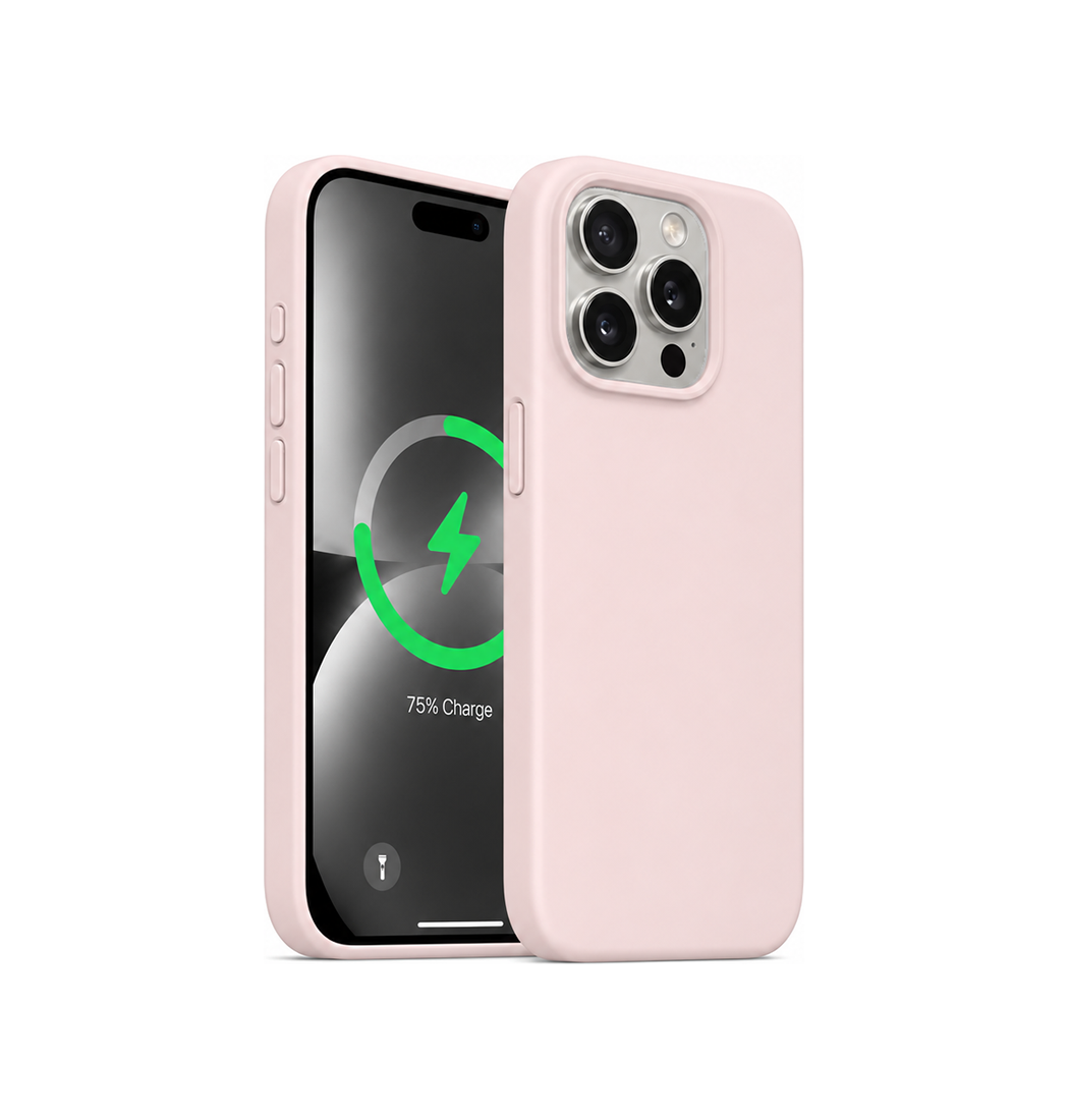Soft Touch silikone cover i lyserødt til iPhone Pro, set forfra og bagfra