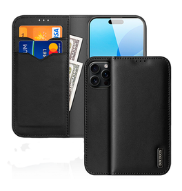 iPhone 16 Pro Max | iPhone 16 Pro Max - DUX DUCIS® Ægte Læder Etui M. Kortholder - Sort - DELUXECOVERS.DK