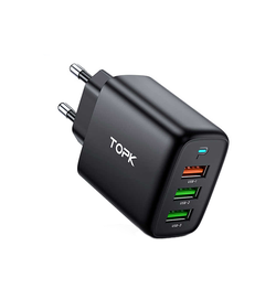 Vægoplader | TOPK® | 3-Port USB-A Oplader med Quick Charge 3.0 - 30W - Sort - DELUXECOVERS.DK