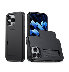 Sort håndværker cover med kortholder til iPhone Pro, set bagfra og med kort ude