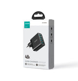 Vægoplader | JOYROOM™ | 4 Port USB Hurtig Oplader - 24W - Sort - DELUXECOVERS.DK