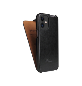 iPhone 12 Mini | iPhone 12 Mini - Fierre Shann™ Vertikal Ægte Læder Flipcover - Sort - DELUXECOVERS.DK