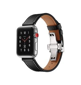 Apple Watch 38-42mm | Apple Watch (38/40/SE/41/42mm) - BOX-W Kalveskinds Læder Rem - Sort - DELUXECOVERS.DK
