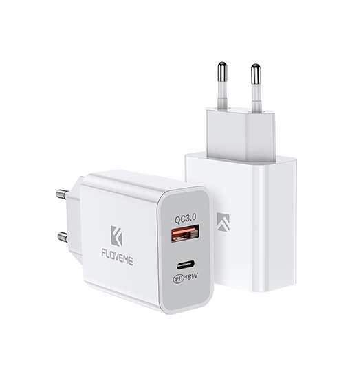 Vægoplader | FLOVEME® | USB-A / USB-C Quick Charge 3.0 Oplader- 18W - Hvid - DELUXECOVERS.DK