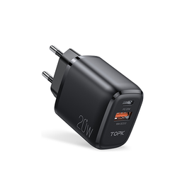 Vægoplader | TOPK® | 2-Port USB-A / USB-C Oplader QC 3.0 - 20W - Sort - DELUXECOVERS.DK