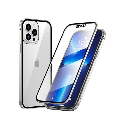 iPhone 13 Pro Max | iPhone 13 Pro Max - Full 360⁰ Cover Magnetisk m. Beskyttelseglas - Silver - DELUXECOVERS.DK