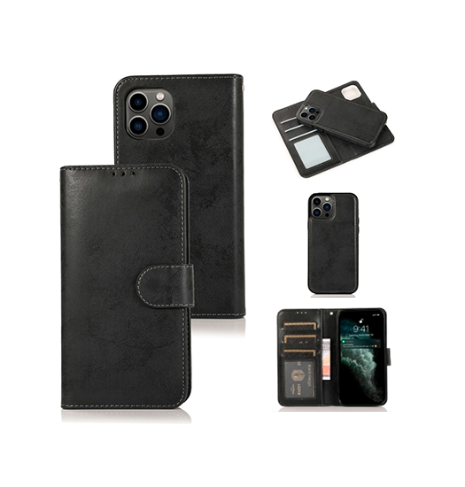 iPhone 13 Pro Max | iPhone 13 Pro Max - Vintage 2-i-1 Læder Etui M. Aftageligt Cover - Sort/Grå - DELUXECOVERS.DK
