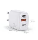 Vægoplader | TOPK® | 2-Port USB-A / USB-C Oplader QC 3.0 - 20W - Hvid - DELUXECOVERS.DK