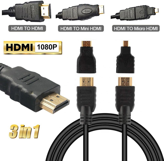 HDMI 3-i-1 Kabel M. Mini HDMI / Micro HDMI Adaptere - Sort – DeluxeCovers